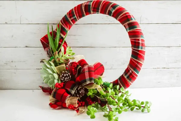 succulents attached to wreath wrapped in red plaid ribbon