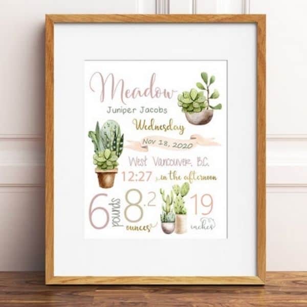 Cactus Themed Birth Stats Wall Art for Baby Nursery 1