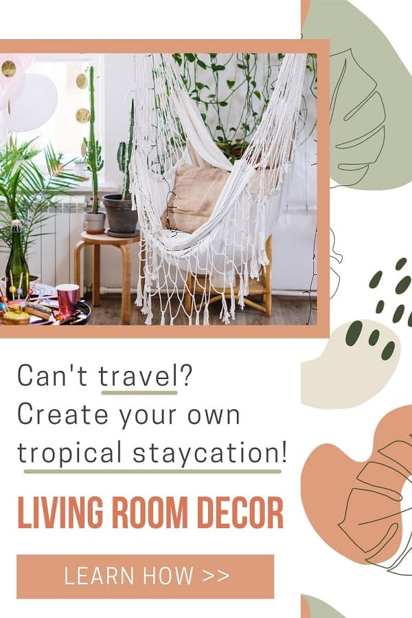 tropical staycation decor: hammock, tropical plants and string lights